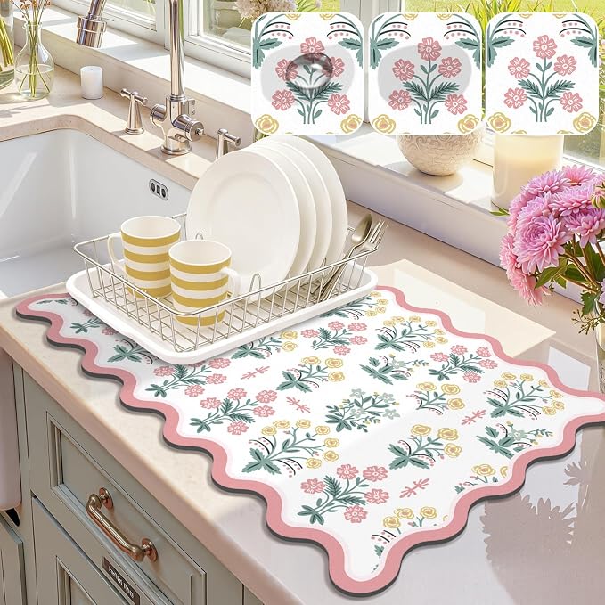 LOKHOM Scalloped Floral Dish Drying Mat, 12"x20" Super Absorbent Coffee Mat with Unique Pink Pastoral Floral, Cuttable Hide Stain Non-slip Drying Mat for Kitchen Counter Coffee Maker Espresso Machine