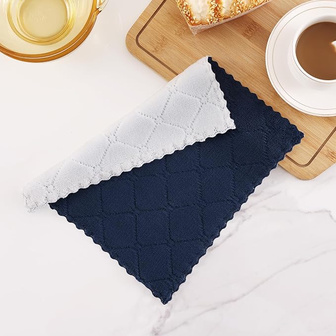 Homaxy 12 Pack Kitchen Cloths Dish Towels (10" x 10", Navy Blue & White), Super Soft and Absorbent Dish Cloths, Coral Velvet Microfiber Cleaning Cloth, Nonstick Oil Fast Dry Dishcloths