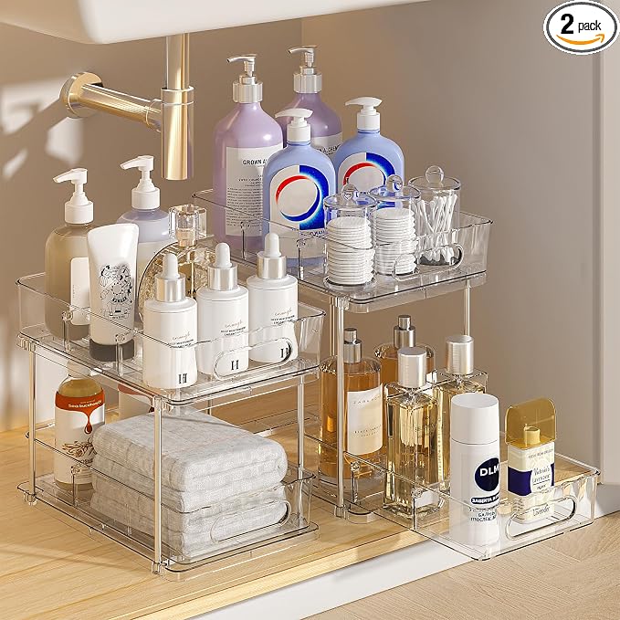 Delamu 2 Tier Under Sink Organizer Bathroom, Bathroom Cabinet Organizer with Snap-Lock Design and Hooks, Pull Out Storage with Movable Dividers, for Countertop, Kitchen and Pantry (Clear, 2 Pack)