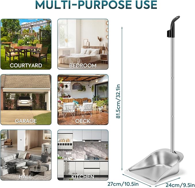 Dust Pans with Long Handle - 35”Heavy Duty Metal Upright Stand Up Dustpan | Long Handled Dustpans with Adjustable Handle,Stainless Steel Dust Pan for Home,Outdoor,Office,No Tool-Snap&Lock in 3 Seconds