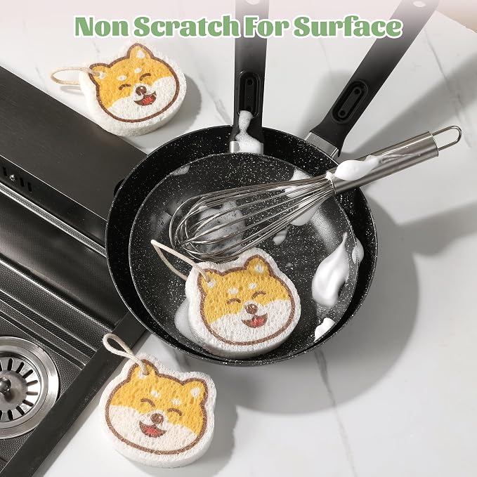 JOYMOOP Cartoon Kitchen Sponge, Cellulose Sponges for Cleaning, 4 Pack Non-Scratch Sponges for Washing Dishes, Reusable Sponge for Kitchen, Bathroom and Office - Doggy Pattern
