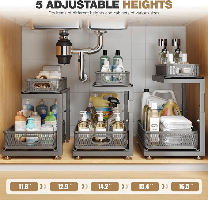 2-Pack Under Sink Storage Organizer with 2-Tier Slide Out Drawer, Sophisticated Mesh Pull Out Shelf for Kitchen & Bathroom, Fits Small Items, Upgraded Arched Track for Smooth Gliding-Gun Gray