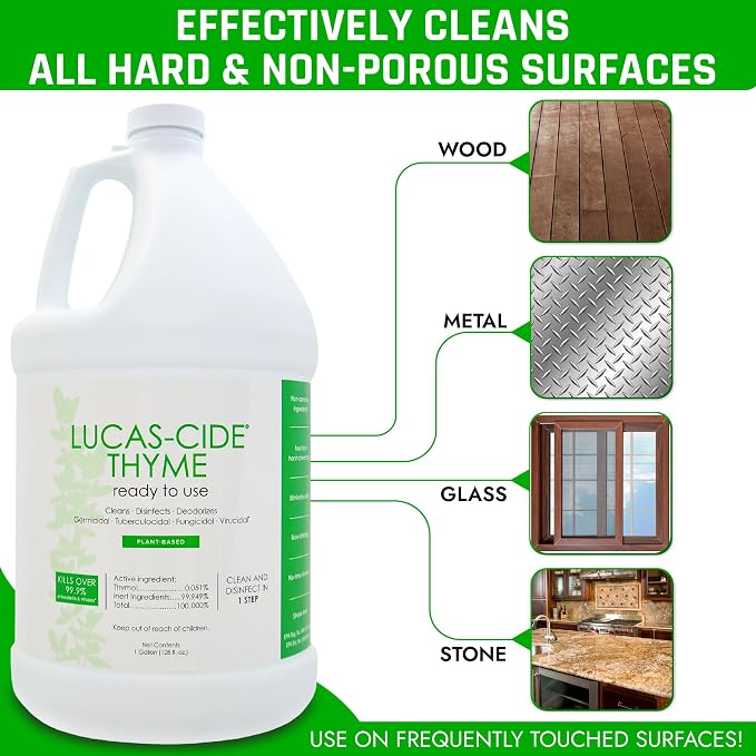 LUCAS-CIDE Ready To Use All Purpose Cleaner - Home Essentials Cleaning Supplies For Everyday Hygiene - Thyme Scented Disinfecting Bathroom Cleaner, Glass Cleaner, Floor Cleaner, etc - 1 Gallon
