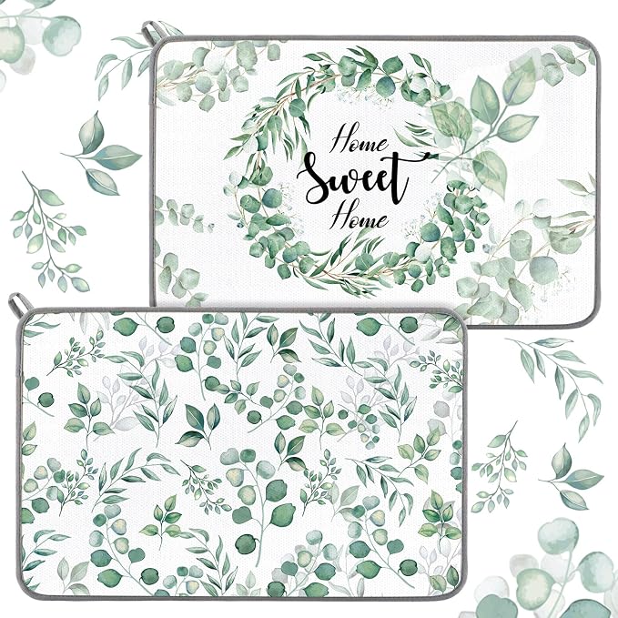 Zonon Dish Drying Mat for Kitchen Counter 16 x 24 Microfiber Absorbent Dish Drainer Rack Pads Fast Dry Mat Vintage Kitchen Decorations(Green,16" X 24",Eucalyptus Leaves)