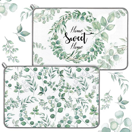 Zonon Dish Drying Mat for Kitchen Counter 16 x 24 Microfiber Absorbent Dish Drainer Rack Pads Fast Dry Mat Vintage Kitchen Decorations(Green,16" X 24",Eucalyptus Leaves)