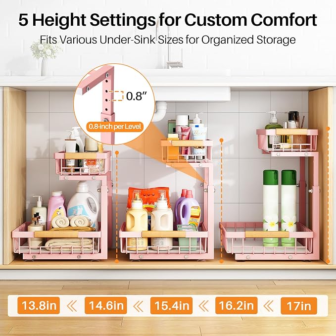 PXRACK Under Sink Organizer, Adjustable Height, 2 Tier Pull Out Under Cabinet Organizer, Slide Out Thickened Metal Under Sink Storage for Kitchen Bathroom Laundry Pantry Cabinet, Pink, Large-1-Pack