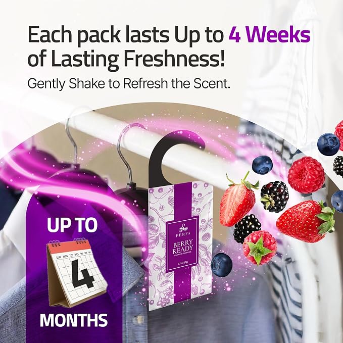 12 Packs Large Closet Deodorizer for Women - Berry Odor Absorber by Perfa | Hanging Scented Luxury Fragrance - Weeks of Continuous Freshness - Keeps Stored Fabrics Smelling New - Good for 120 Days