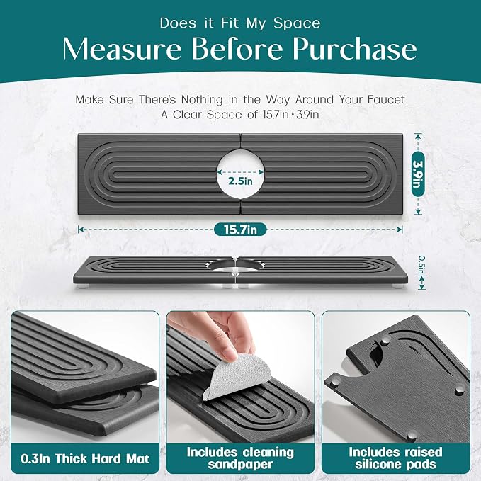Eormoe Kitchen Sink Faucet Mat - 15.7in Diatomite Sink Protectors for Kitchen Sink, Stone Sink Splash Guard for Kitchen Counter Sink Accessories (Dark Grey, 15.7'' x 3.9'')