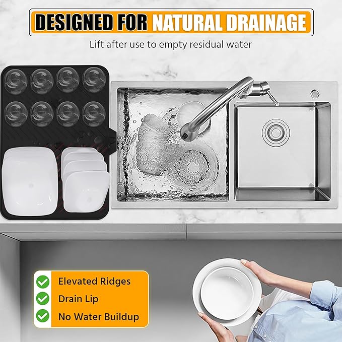 Luxet Silicone Dish Drying Mat with Built-in Drain Lip - Hygienic Drying Pad - Sturdy Compact Easy to Clean Tray Protects Surfaces Prevents Water Build Up - 23 X 17 (Black)