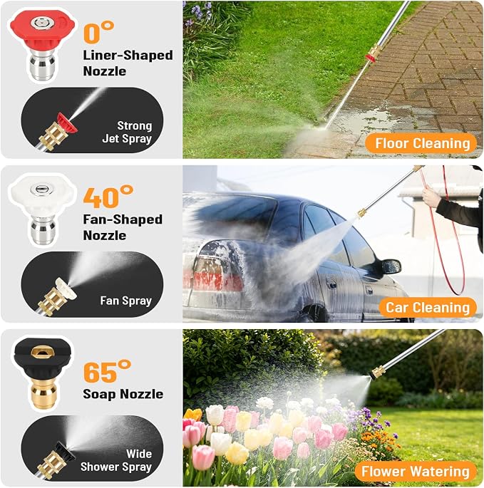 2026 Upagraded Jet Nozzle Power Washer for Garden Hose, Pressure Washer Wand with 3 Different Nozzles and Hose Quick Connectors for Car, Patio,Pet,Window, Grey