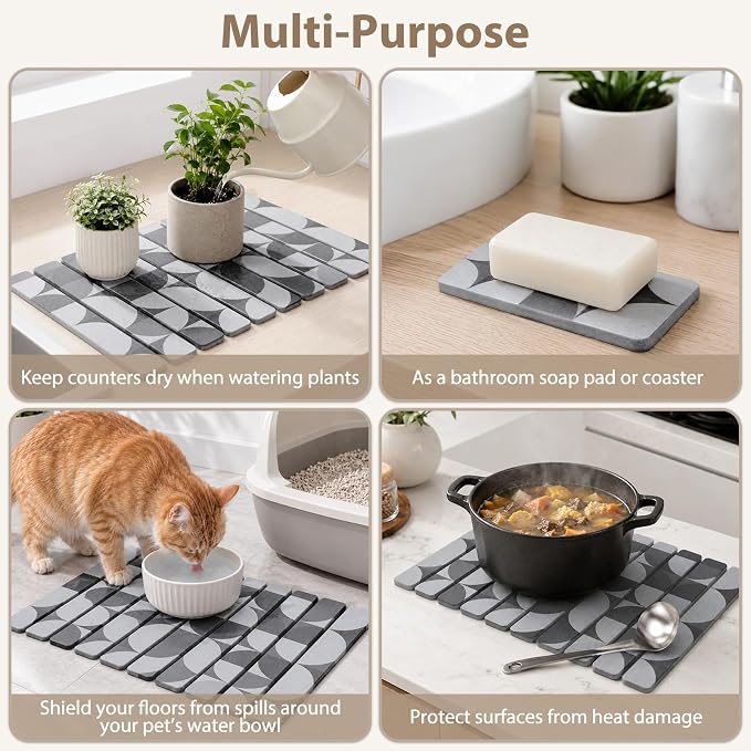 Large Stone Dish Drying Mat for Kitchen Counter, Quick Dry Diatomaceous Earth Dish Drying Pad, Foldable Water Absorbing Organizer Pad for Plates Bottles Utensils (Dark Gray Geometric 24"×16" & 8"×4")