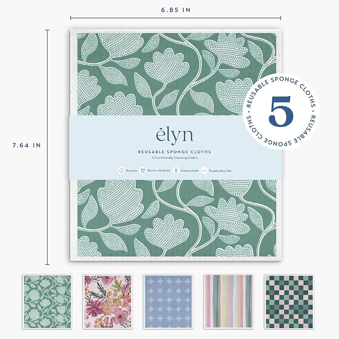 ELYN Swedish Dishcloths, Reusable & Washable Sponge Cloths, Absorbent Cleaning Paper Towels for Kitchen, Dishes, Counters and More, 5 Pack, Painted Petals Pattern