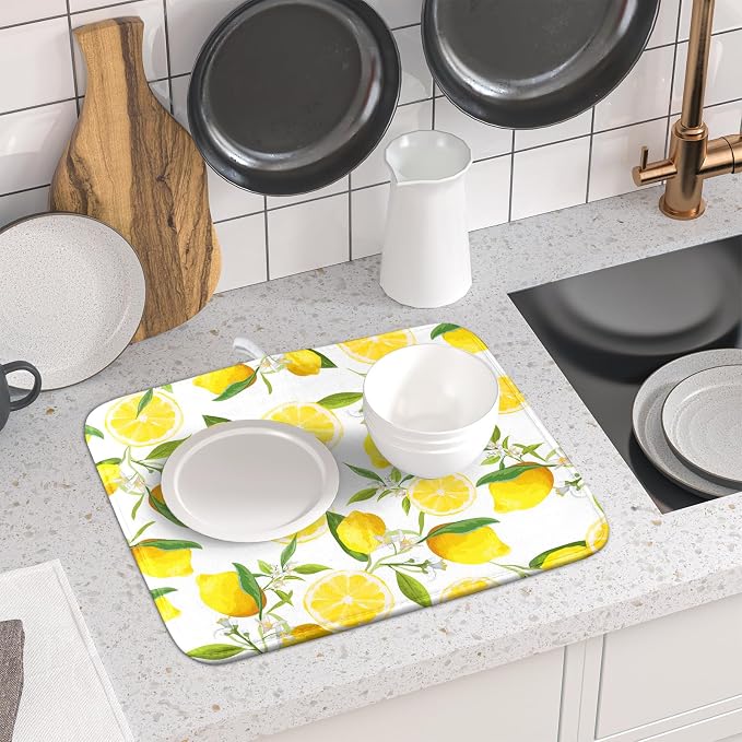 Lemon Dish Drying Mat for Kitchen Counter Spring Summer Microfiber Absorbent Dish Draining Reusable Washable Foldable 16"x18"