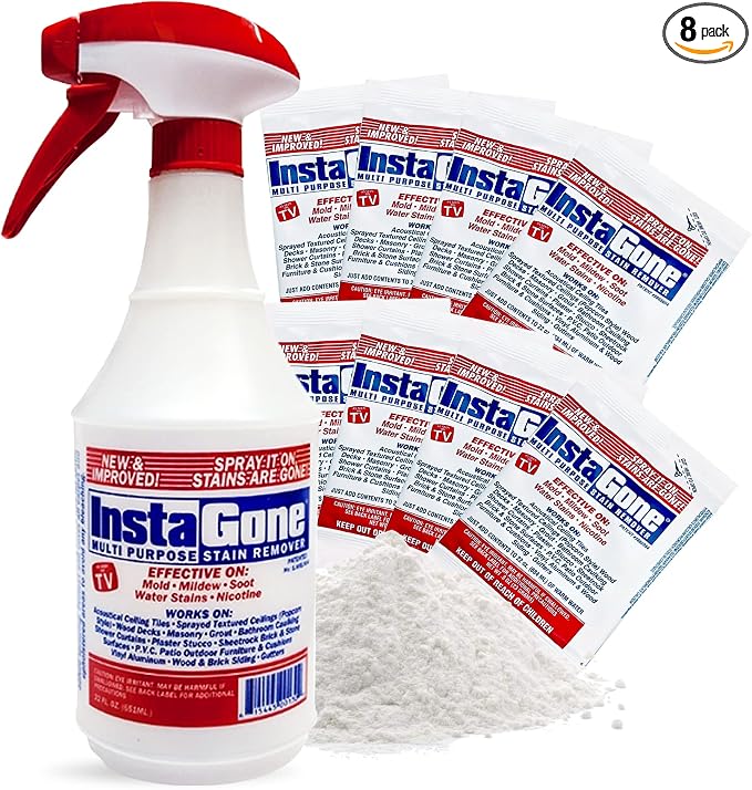Stain Remover - 8 REFILL Pack + 24oz Spray Bottle - Just Add Water - Indoor/Outdoor Ceiling, Wall, Bathroom, Roof, PVC Fence, Patio Furniture & More