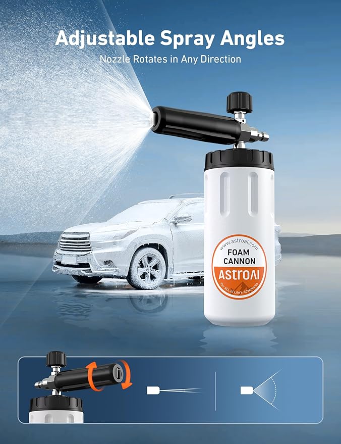 AstroAI Foam Cannon for Pressure Washer with 1/4" Quick Connect Plug, 1 L | Thick Foam, Car Wash, Heavy Duty Durable Foam Sprayer, Wide Neck, Adjustable Foam Lance, Easy Install, Cleaning Accessories