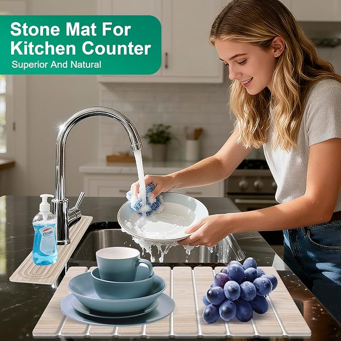 Stone Drying Mat for Kitchen Counter, 24"x16" Water Absorbing Dish Drying Mat with 24"x4" Faucet Mat for Kitchen Sink, Diatomaceous Earth Quick Dry Stone Mats for Dishes Bottles Cups (Wood Grain)
