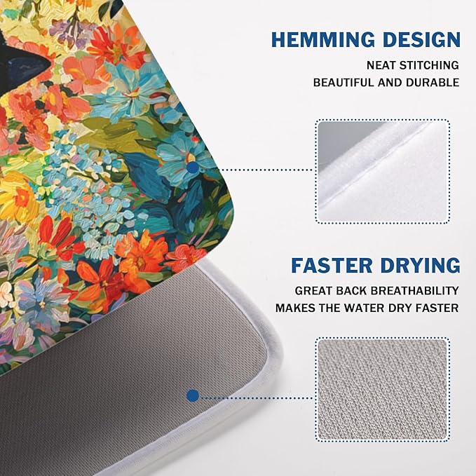 Spring Summer Floral Cat Dish Drying Mat for Kitchen Counter Abstract Oil Painting Wildflower Microfiber Dish Drainer Mat Rustic Absorbent Washable Drying Pad Extra Large 18"x24"