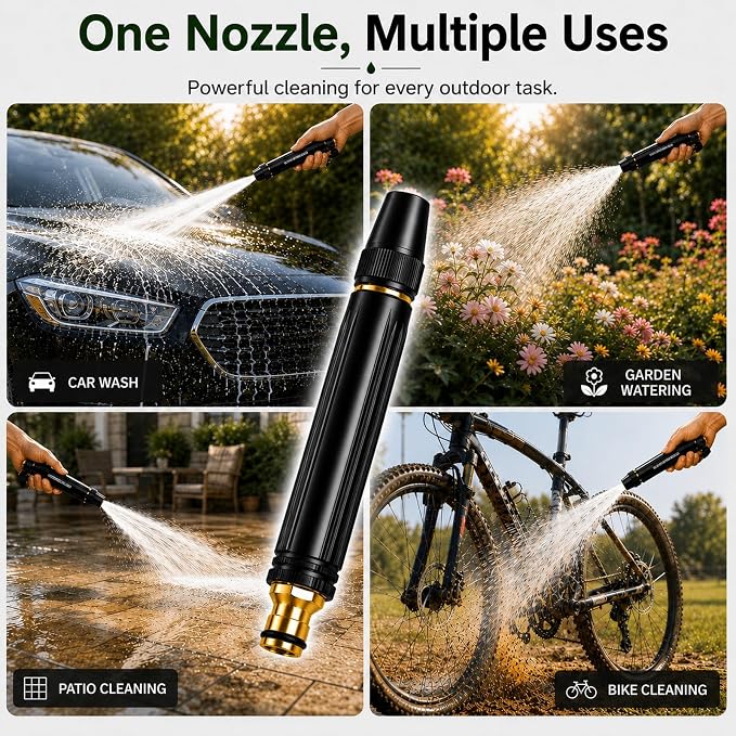 High Pressure Hose Nozzle, Full Metal Hose Sprayer with Adjustable Spray | Heavy duty construction with powerful water flow for car washing, garden watering, patio cleaning and outdoor tasks.