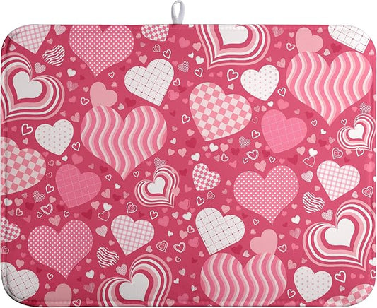 Red Heart Valentine Dish Dry Mat - 18x24 Inch Absorbent Reversible Dish Pad for Kitchen Counter