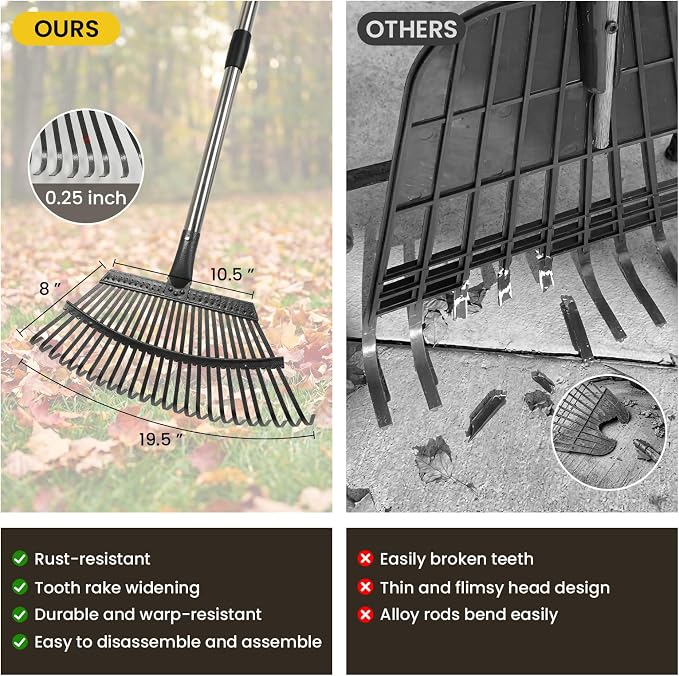 Rake for Leaves - 25 Tines Heavy Duty Metal Rake Set with Leaf Scoops & 53 Gallon Bag, Adjustable 67.5" Garden Rake, 3-in-1 Tool for Yard Pine Needle Grass Cleanup