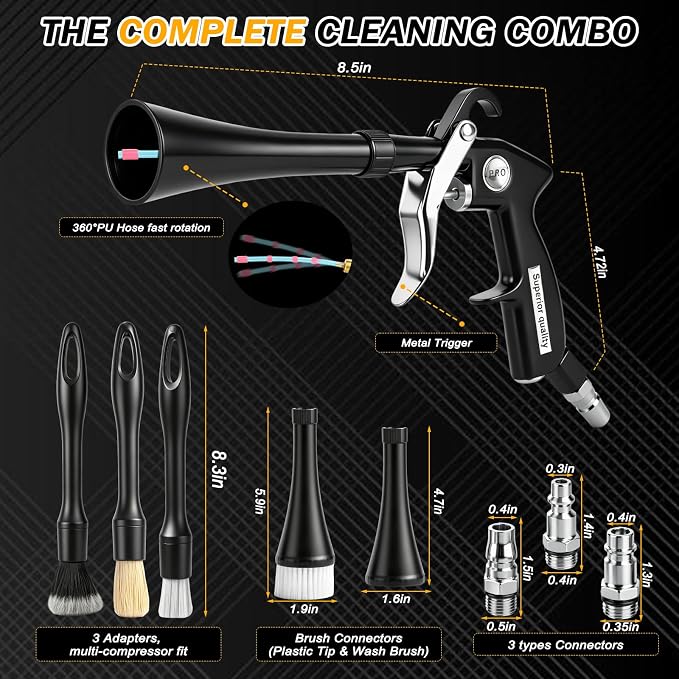 Car Detailing Air Cleaning Gun - Dry Blower Gun Works with Air Compressor | High Pressure Air Blaster with 2 Nozzles 3 Brushes 3 Connectors, Ergonomic Duster Tool for Car Interior Detailing Cleaning