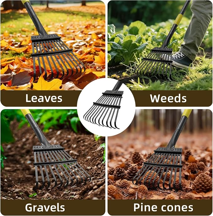 Leaf Rake, Small Rake for Leaves with 30"-60" Adjustable Long Handle, 11 Tines 8.5" Wide, Metal Rakes Heavy Duty for Lawns, Gardening, Yard, Camping, Shrub, Grass, Bush, Weed, Debris