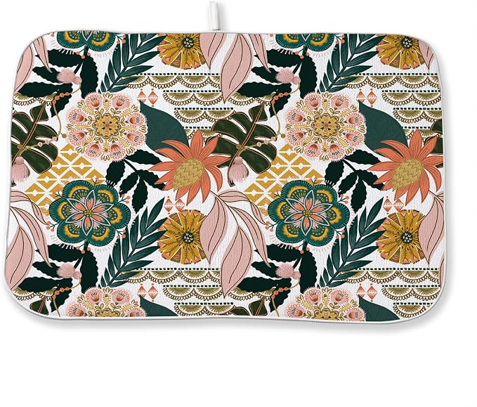 Boho Dish Drying Mat 18 x 24 Inch Pink Green Floral Drying Mat for Kitchen Counter Absorbent Bohemian Tropicla Leaves Spring Summer Dishes Dry Pad for Drainer Rack Kitchen Fast Dry