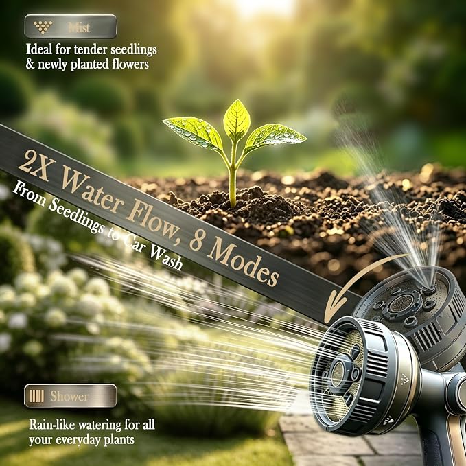 Garden Hose Nozzle Heavy Duty Metal Water Hose Sprayer | Heavy Duty Metal Spray Nozzle With Thumb Control. Japanese-style Design & 8 Spray Patterns For Different Blooming Seasons