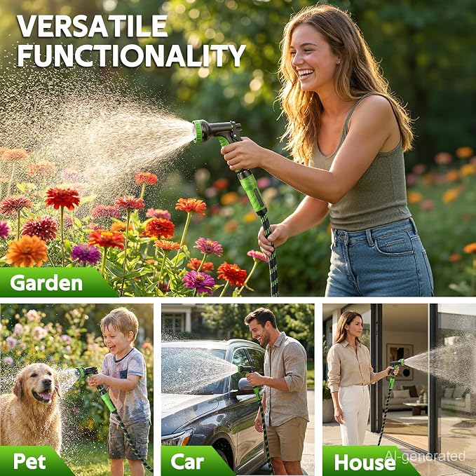 NON-EXPANDABLE Garden Hose 25 FT Water Hose with 10-Function Spray Nozzle | Yard hose Heavy Duty Steel Metal Flexible,Durable Fabric Skin,No Kinks & Leak-Proof with Upgraded Handle hose pipe outside