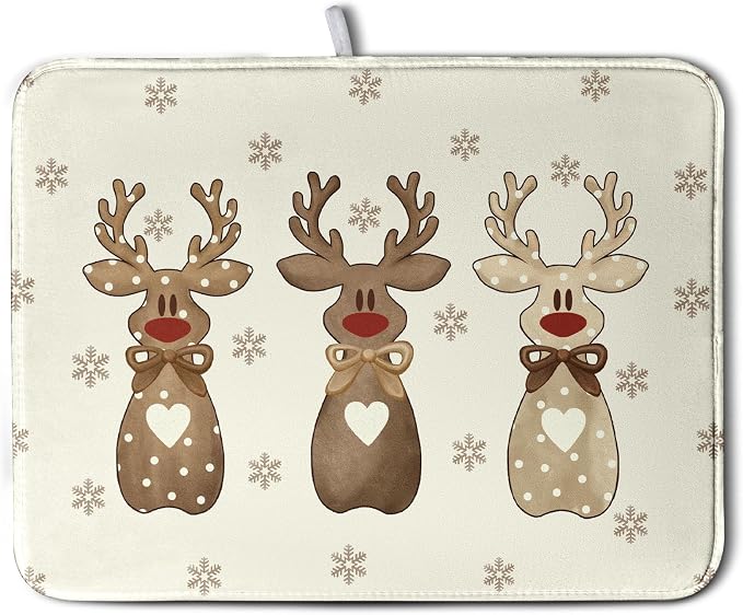 Christmas Reindeer Snowflakes Dish Drying Mat for Kitchen Counter 18x24 Inch Winter Xmas Holiday Drying Pads Microfiber Absorbent Dish Draining Mat Large Dish Drainer Rack Mat