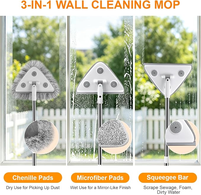 MUEE 3 in 1 Window Squeegee with 78“ Extension Pole, High Reach Wall Mop | High Reach Wall Mop with 180° Swivel Head, Washable & Replaceable Pads, Easily Clean Window, Wall, Ceiling Indoor/Outdoor Use