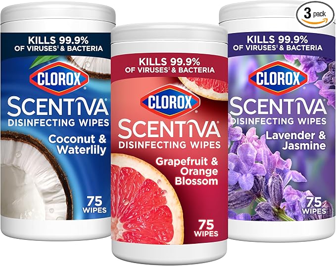 Clorox Scentiva Disinfecting Wipes, Lavender and Jasmine, Grapefruit and Orange Blossom, and Coconut and Waterlily, 75 Count Each, Pack of 3 (Package May Vary)
