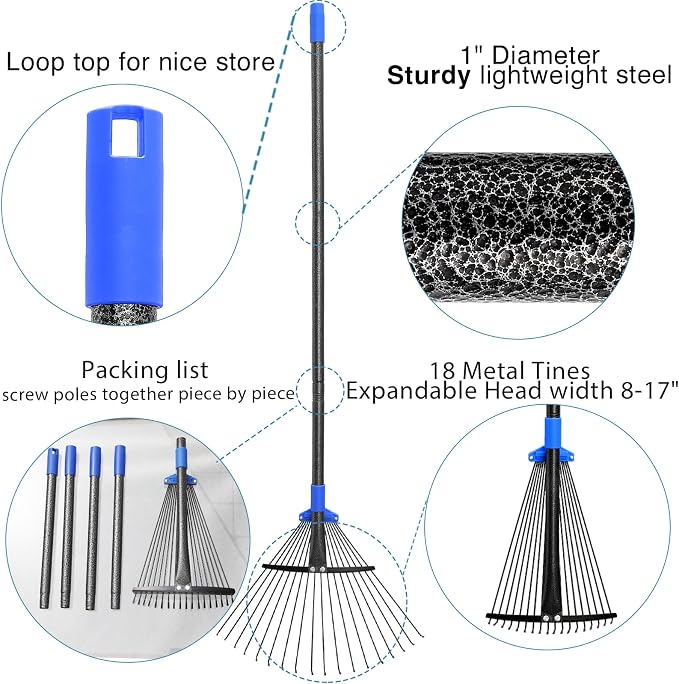 Adjustable Metal Leaf Rake Long Handle, Garden Rakes for Lawns Heavy Duty Leaves with Expandable Head 8-17", Yard Women Kids Rake for Gardening RV Camping