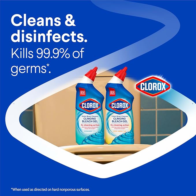 Clorox Toilet Bowl Cleaner Clinging Bleach Gel, Kills 99.9% of Bacteria and Viruses, Ocean Mist, 24 Fl Oz, Pack of 2