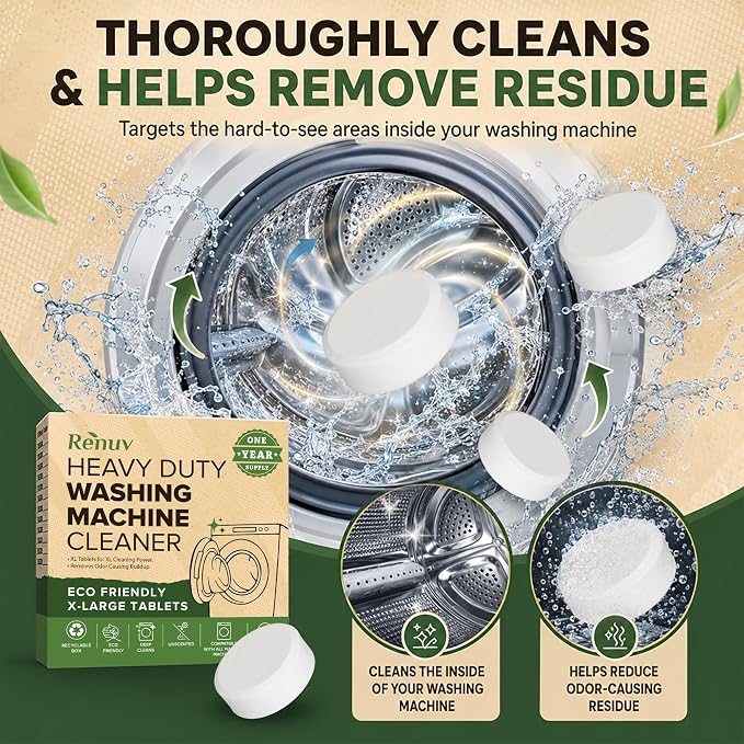 Renuv® Heavy Duty Washing Machine Cleaner & Descaler, 12 XL Tablets | Deep Cleaning Tablets Remove Residue, Grime Buildup, Front Load or Top Load Washer, HE and Septic Safe, 1 Year Supply