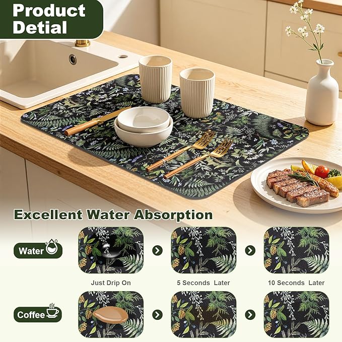 LOKHOM Dish Drying Mat for Kitchen Counter, 12"x20" Absorbent Coffee Bar Mat with Vintage Botanic Fern Leaves, Sage Green Plant Dish Drainer Rack Mat for Kitchen Counter