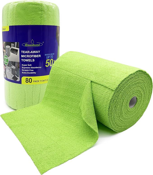 Greenfound Microfiber Cleaning Cloth Roll, 80 Pack Tear Away Towels, Reusable Washable Lint Free Scratch Free Absorbent Cleaning Rags for Kitchen Home Car Window Glass, 11.5 x 11.5 Inch Wave Green