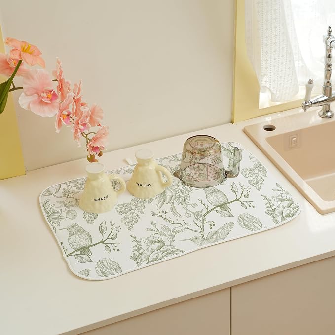 Floral Dish Drying Mat 18x24 Inches For Kitchen Counter Chinoiserie Sage Green Flower Birds Kitchen Decoration Drying Mat Decorative Drying Pad Mat for Home Kitchen,Dining Room,Office Decor