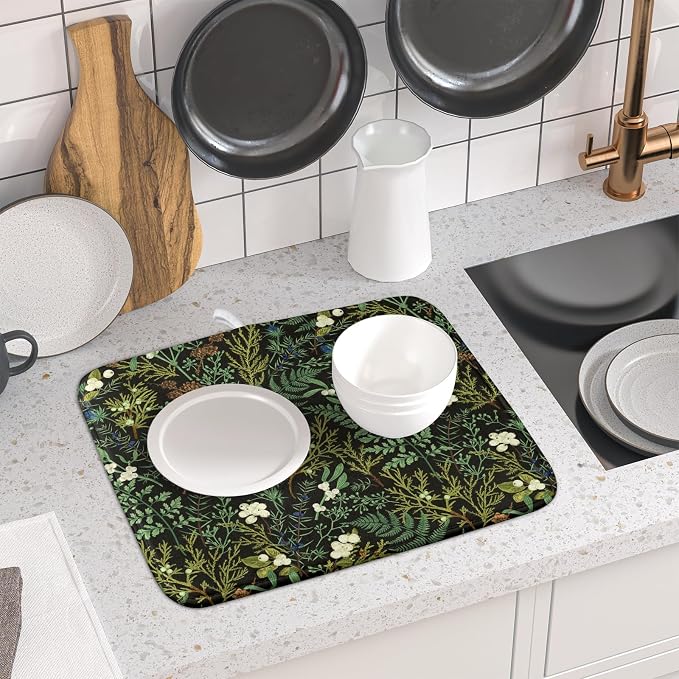 Green Plants Dish Drying Mat for Kitchen Counter Microfiber Absorbent Dish Draining Reusable Washable Foldable 16"x18"