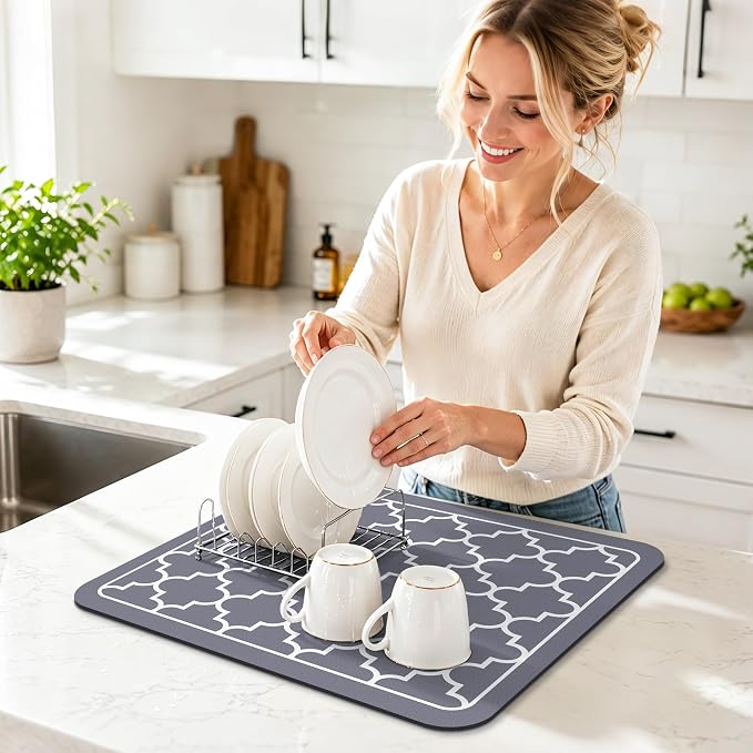 WISELIFE Dish Drying Mat Super Absorbent Drying Mat Large Dish Drying Mats for Kitchen Counter Easy Clean Dish Mat Kitchen Drying Mat15"x 18" Stylish Grey