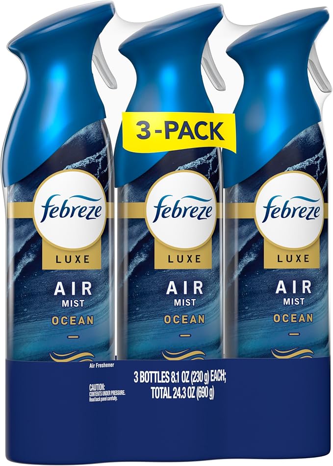 Febreze Air Mist, Luxe Air Freshener Spray, Odor Fighting Room Spray, Deodorizer for Home Bathroom Kitchen Office Apartment Dorm Room Classroom, Ocean Scent, 8.1oz (Pack of 3)