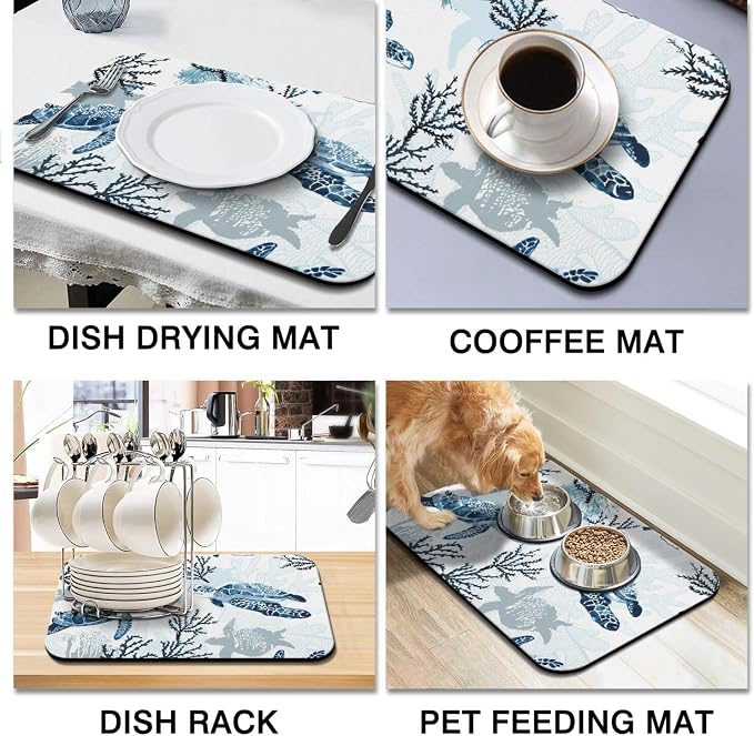 Dish Drying Mat 2-Pack in Sea Turtle Ocean for Kitchen Counter Dishes Mat | Diatom Mud Mats (18x24, 19.5x12"). Non-slip rubber back for kitchen counter, coffee bar & sink scenes