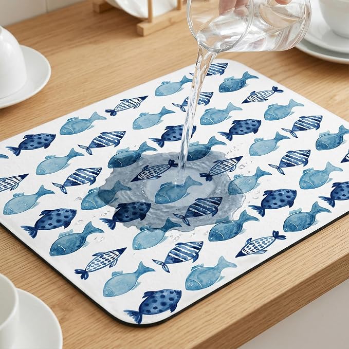 Blue Fish Dish Drying Mat for Kitchen Counter Sink, Summer Beach Absorbent Microfiber Drying Pad, Reversible Waterproof Countertop Mat for Kitchen Decor