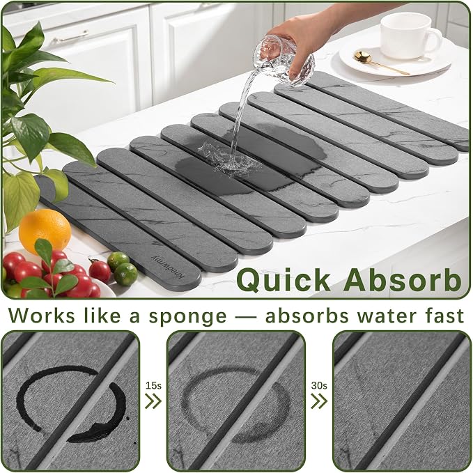 Stone Drying Mat for Kitchen Counter, 24"x16" Quick Dry Stone Dish Drying Mat, Foldable Absorbent Diatomaceous Earth Pad for Plates Cups Utensils (Dark Gray)