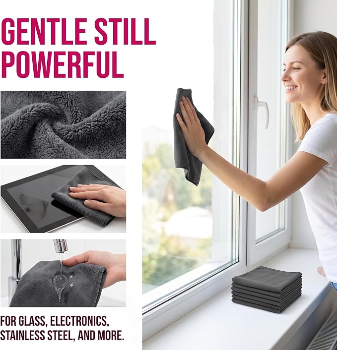 Genie Magic Cleaning Cloth, 6 Pack Microfiber Magic Cloth for Windows & Glass, Lint-Free Reusable Cleaning Rag for Mirrors, Cars & Stainless Steel，6