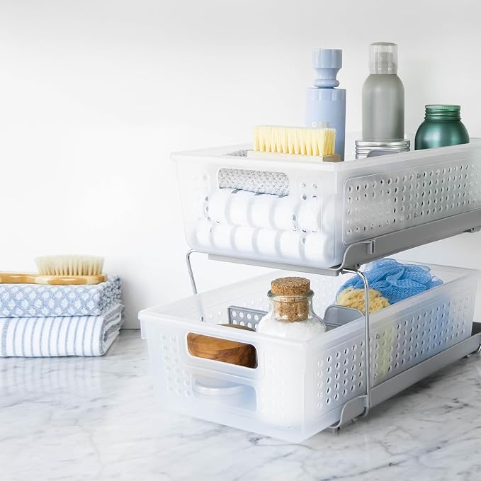 madesmart 2 Tier Bath Organizer, Undersink Storage with Sliding Drawers, for Cleaning Supplies, Pantry, Sponges, Bottles & Kitchen Essentials, Adjustable Dividers & Pull Out Sliding Baskets, Frost