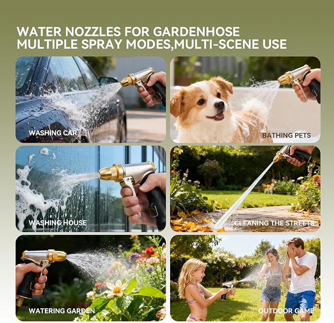 High pressure garden hose nozzle spray，Leak-Proof heavy metal water gun, watering plants and lawn, car washing, yard and pets (Soft Rubber Comfort Grip)