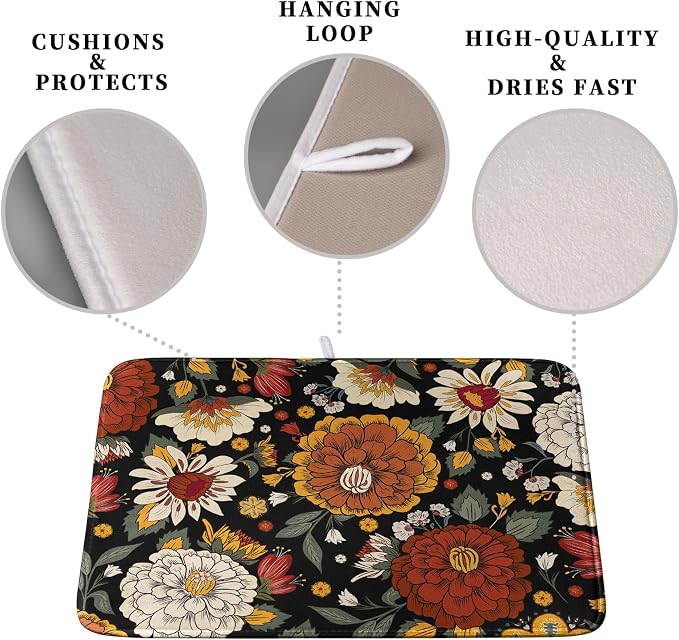 Vintage Floral Dish Drying Mat for Kitchen Counter Retro Sunflower Floral Absorbent Microfiber Dry Dish Mat Reversible Washable Dish Drainer Rack Mat Large 18x24 Inch
