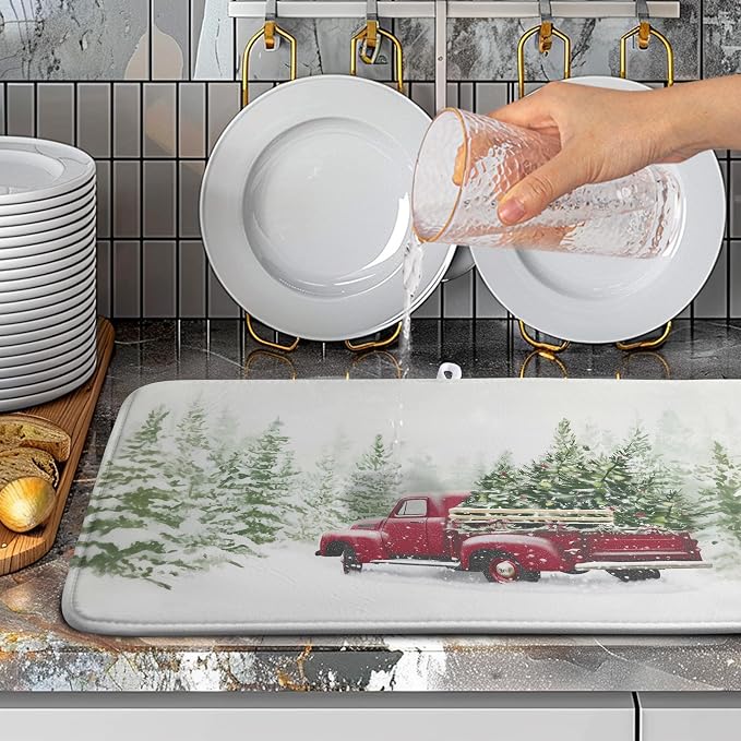 Christmas Dish Drying Mat Red Truck Xmas Tree Drying Mats for Kitchen Counter Winter Holiday Dishes Drainer Mats Absorbent Microfiber Dish Draining Pad Extra Large 18x24 Inch