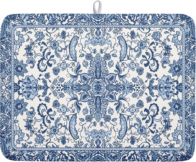 Chinoiserie Floral Dish Drying Mat for Kitchen Counter Blue and White Flowers Pattern Dish Drying Pad 18”x24”Absorbent Reversible Seasonal Decor Dishes Drainer Pad Dish Dry Rack Mat for Counter top